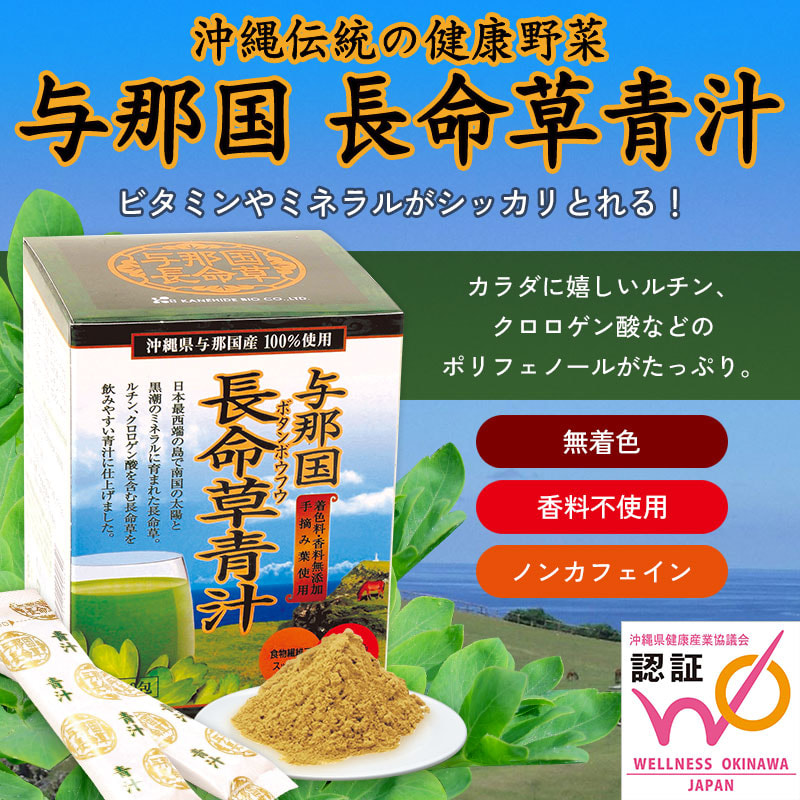 沖縄伝統の健康野菜「与那国長命草青汁」カラダに嬉しいルチン、クロロゲン酸などのポリフェノールがたっぷり。